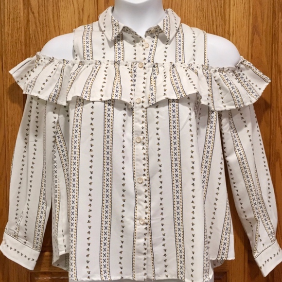 Blu Pepper Collared Button Up Striped Floral Ruffle Cold Shoulder - Picture 2 of 7